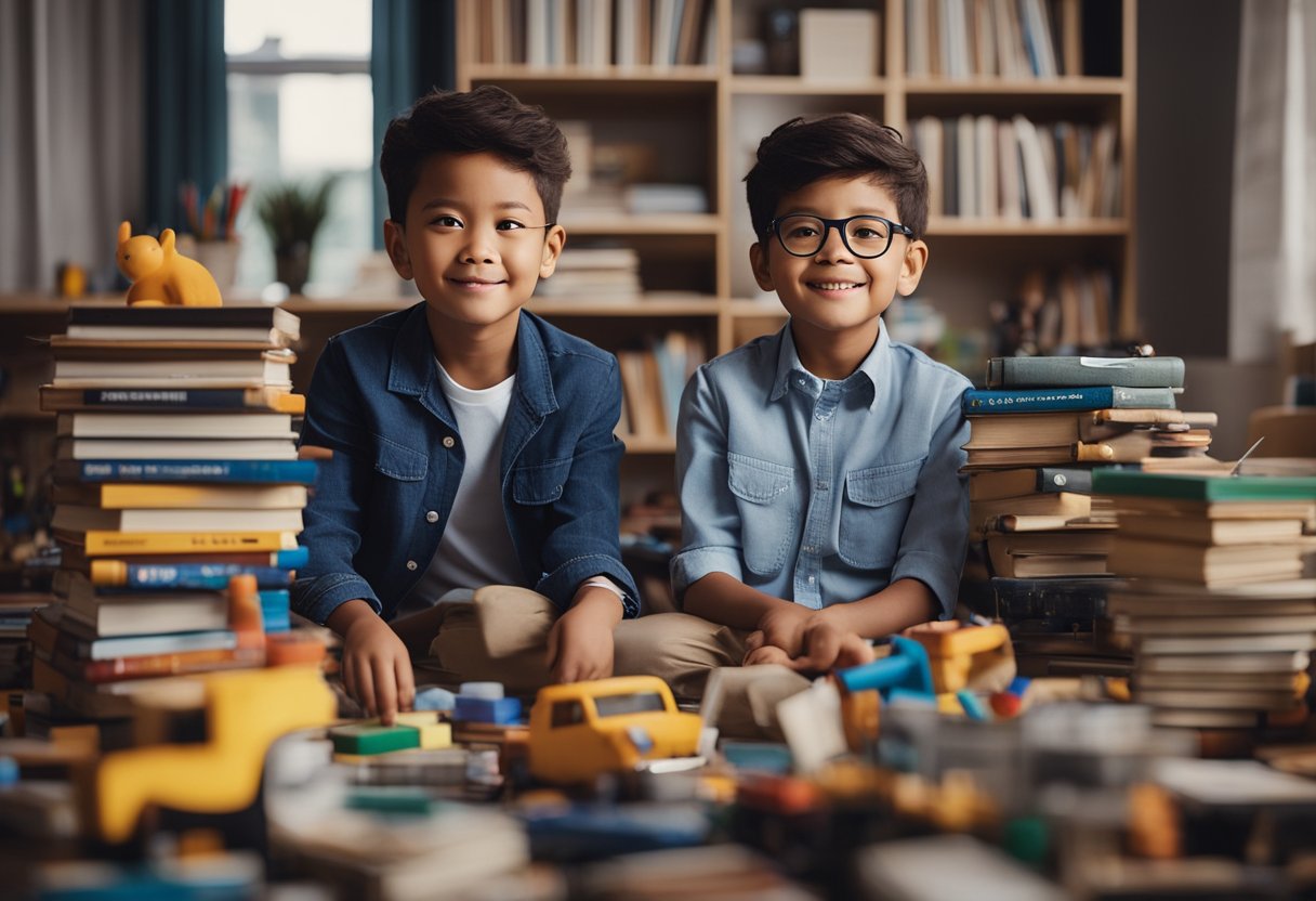A child surrounded by books, toys, and art supplies, with a poster on the wall showing successful young entrepreneurs. A parent is sitting next to them, discussing business ideas and encouraging creativity