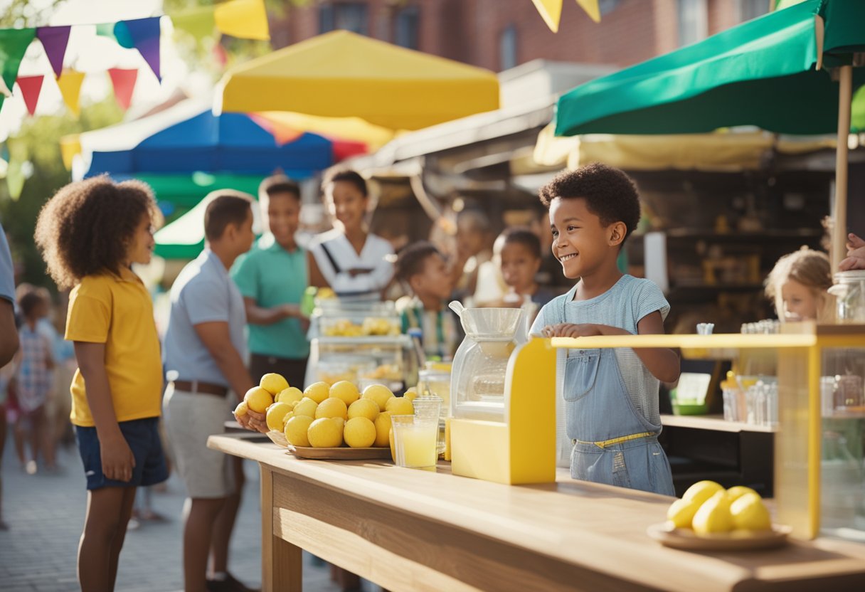 A child setting up a lemonade stand with colorful signs and a cash register, surrounded by supportive adults and customers