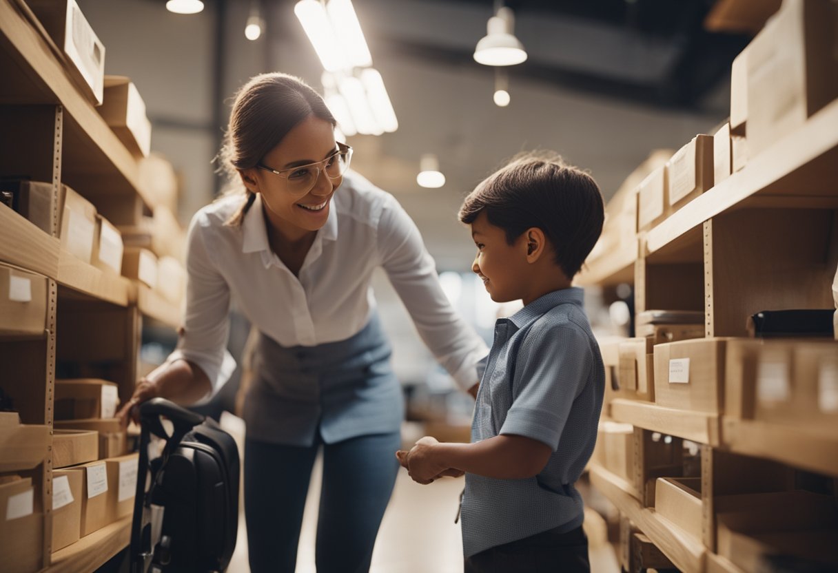 A parent guides a child through the process of starting a business, offering encouragement and support along the way